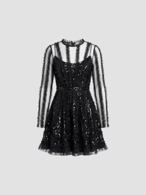 MAC DUGGAL Women's Mesh Lace Ruffled Mini Dress - Black Beige