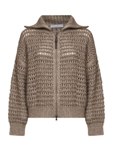 Brunello Cucinelli Seige Soft wool and cashmere net knit Dazzling cardigan
