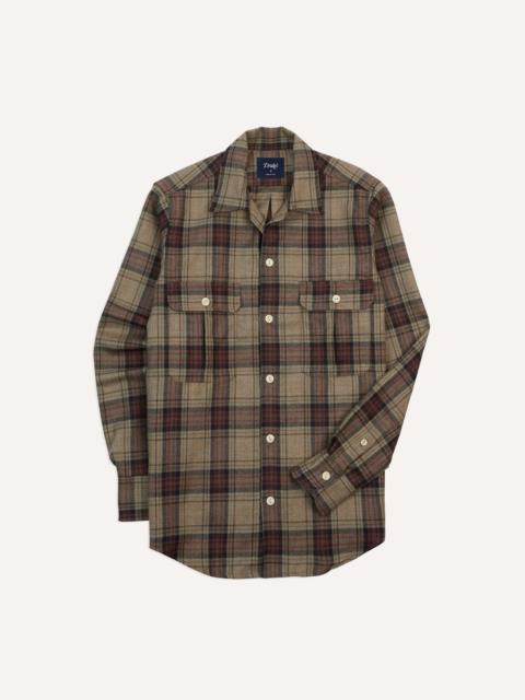Drake's Brown Check Wool Two-Pocket Camp Collar Work Shirt