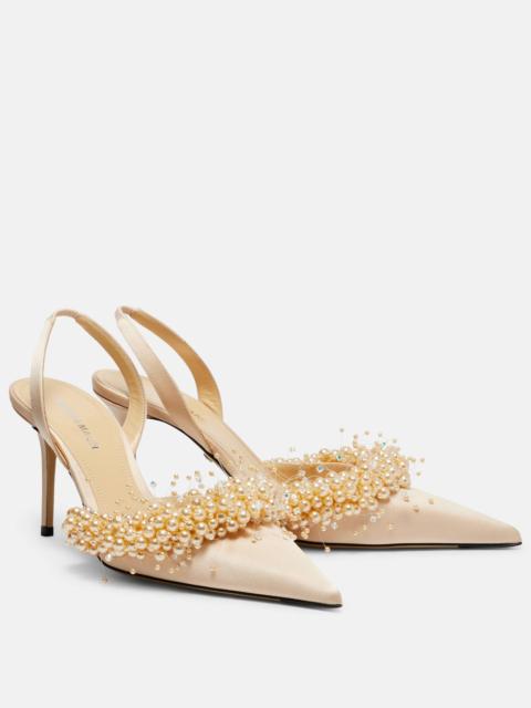 MACH & MACH Floating Pearls 85 satin slingback pumps