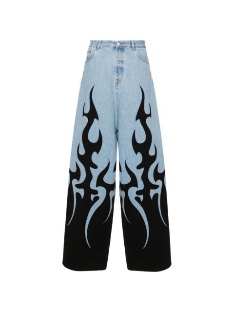flame-print wide-leg jeans