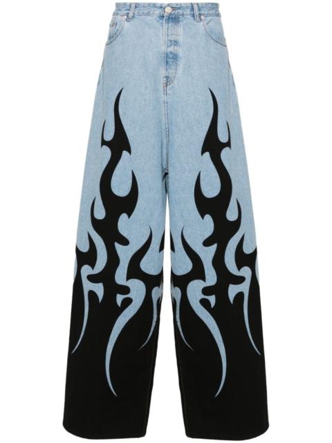 flame-print wide-leg jeans