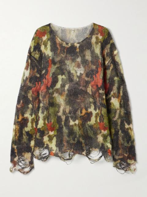 R13 Boyfriend distressed camouflage-print open-knit sweater Green