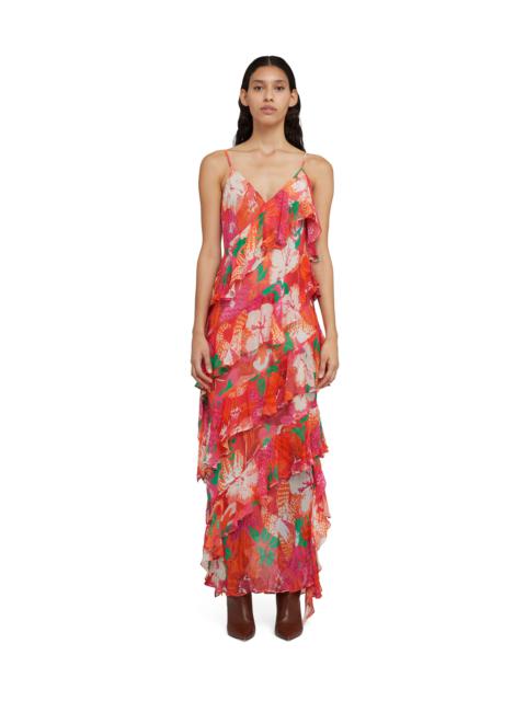 Long dress with ruffles in cr&ecirc;pe viscose with "Tropical" print