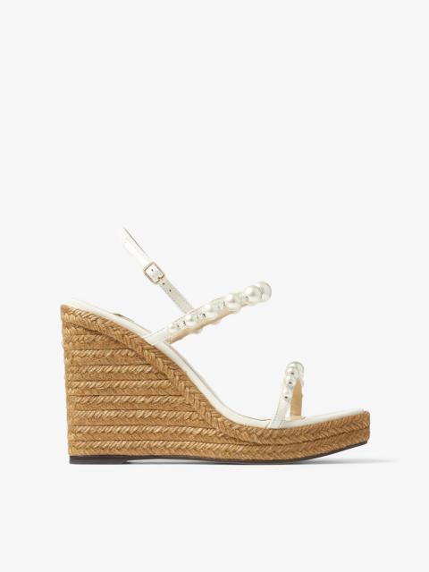 JIMMY CHOO Amatuus 110 Latte Nappa Latte Wedge Sandals with Pearls