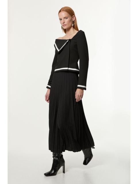 KAREN MILLEN Compact Stretch Asymmetric Neck Colour Block Pleated Tailored Midaxi Dress