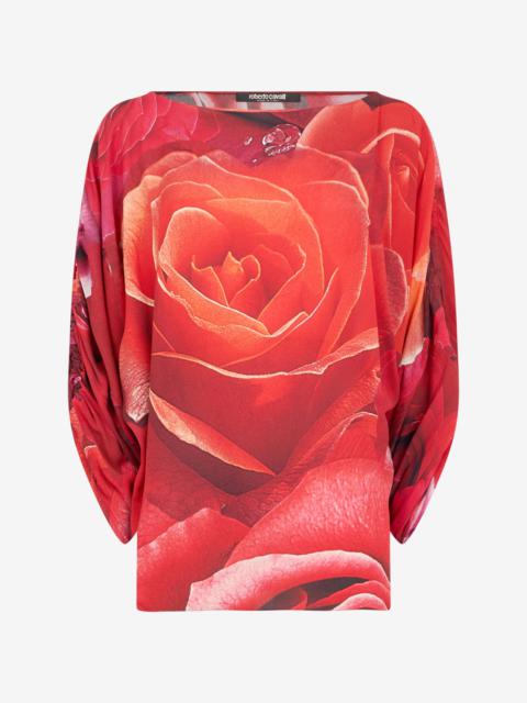 Roberto Cavalli Sweater With Gathered Sleeves And Rose Print