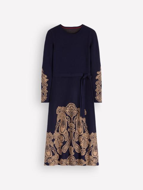 BODEN Crew Midi Jacquard Dress-Navy Placement