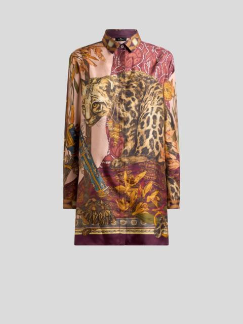 LONG SILK SHIRT WITH PLACED LEOPARD PRINT