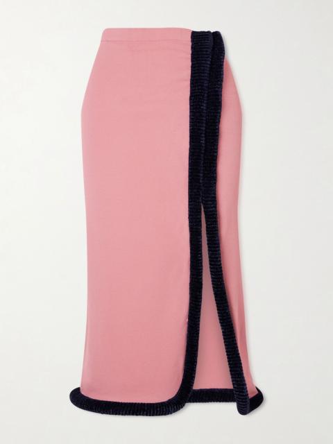 diotima Castries velvet-trimmed stretch-jersey midi skirt Pink