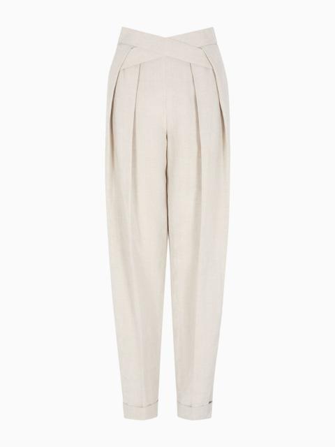 EMPORIO ARMANI Linen-blend panama fabric trousers with pleats and crossed detail