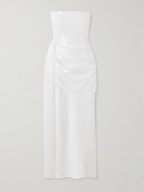 ALEX PERRY Strapless Draped Sequined Mesh Midi Dress