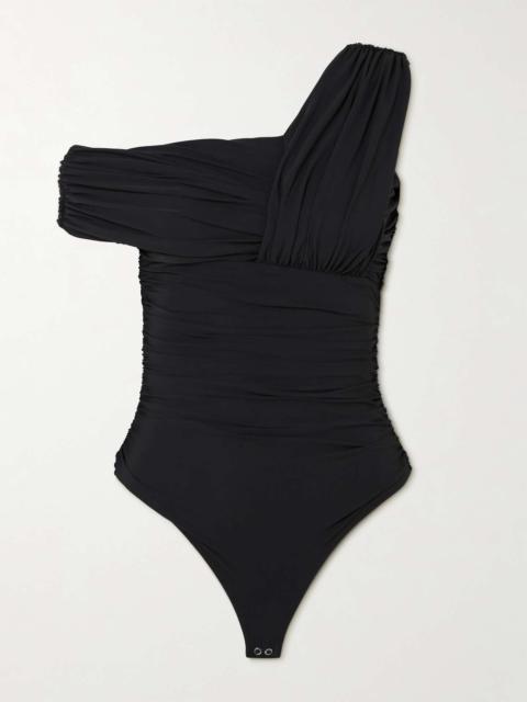 AGOLDE Etienne off-the-shoulder ruched stretch-jersey thong bodysuit Black