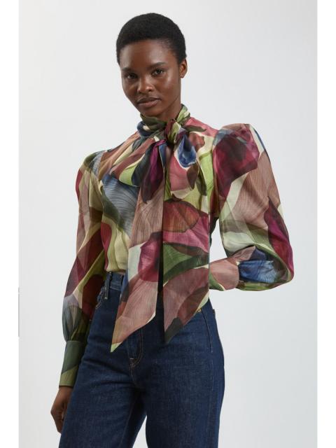 KAREN MILLEN Petal Print Organza Pussybow Blouse