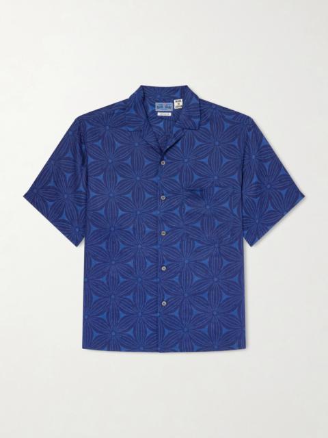 Blue Blue Japan Sakura Camp-Collar Indigo-Dyed Floral-Print Linen Shirt