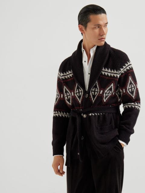 Brunello Cucinelli Geometric jacquard belted
cardigan in virgin
wool, silk and cashmere
with metal buttons