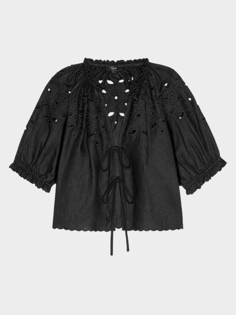 Rails Lizbeth Embroidered Tie-Front Linen Blouse