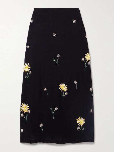 STAUD Angela bead-embellished crepe de chine midi skirt Black