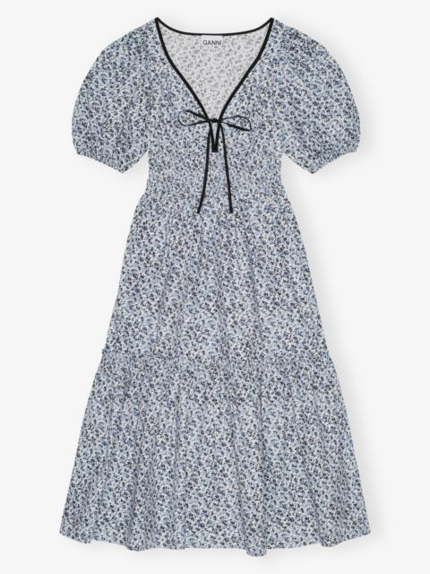 BLUE FLORAL PRINTED COTTON LONG SMOCK DRESS