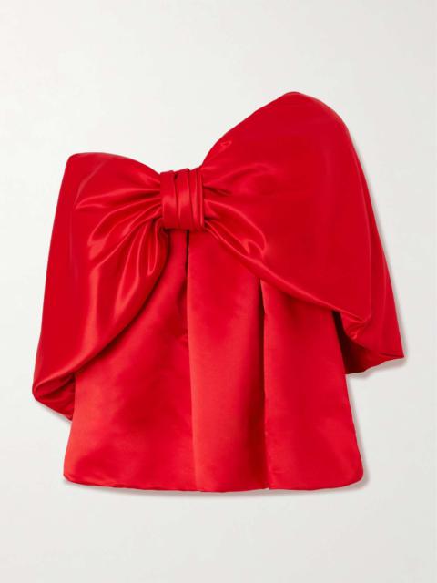Off-the-shoulder bow-embellished satin blouse