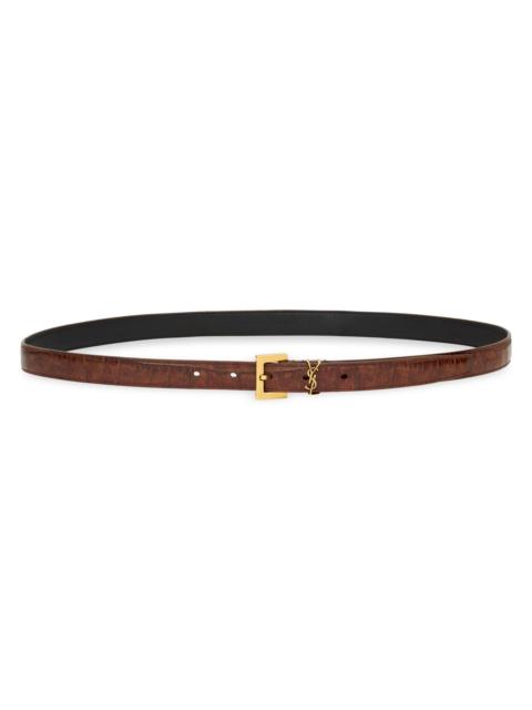 SAINT LAURENT Women's Cassandre Thin Belt in Crocodile-Embossed Leather - Vegetal Brown