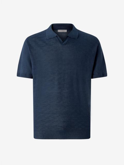CORNELIANI Blue linen buttonless polo shirt