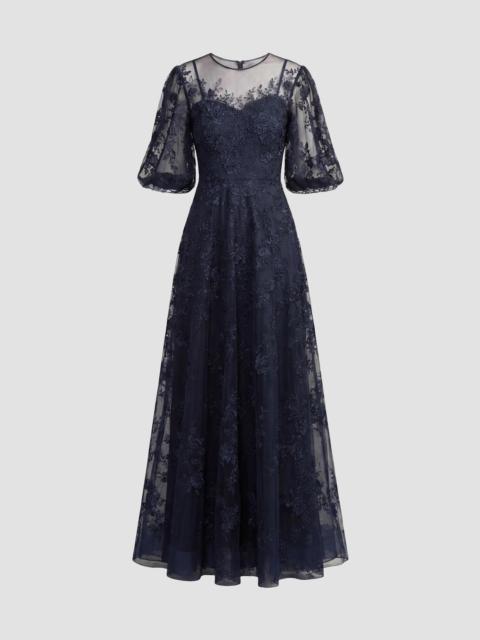 MAC DUGGAL Women's Embroidered Illusion High-Neck Puff-Sleeve A-Line Gown - Midnight