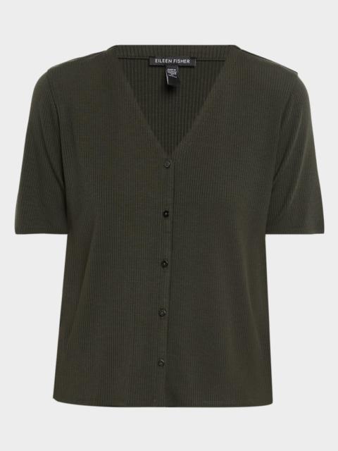 EILEEN FISHER V-Neck Rib Knit Jersey Top