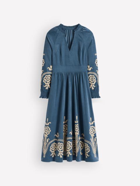 BODEN Smocked Cord Midi Dress-Storm Blue, Embroidery