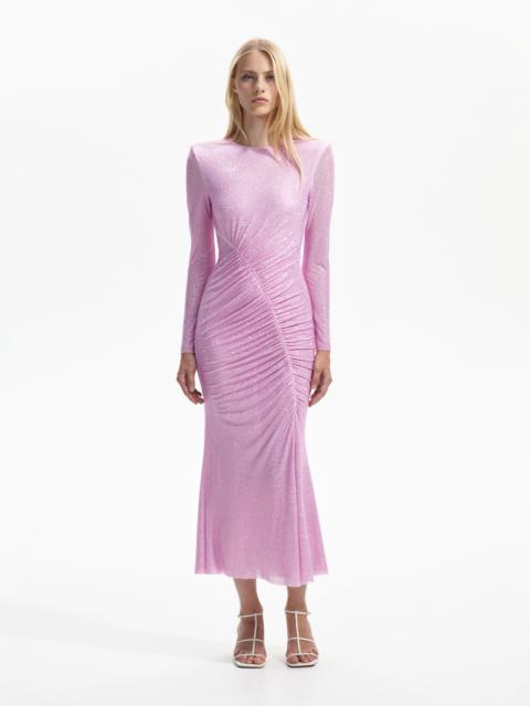 Pink Rhinestone Mesh Gathered Midi Dress