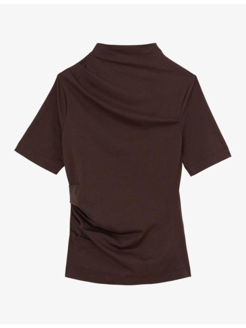 REISS Tulia Draped High-Neck Stretch Cotton-Blend Top