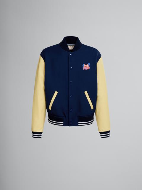 Marni BLUE CAVALRY WOOL VARSITY JACKET WITH LEATHER SLEEVES