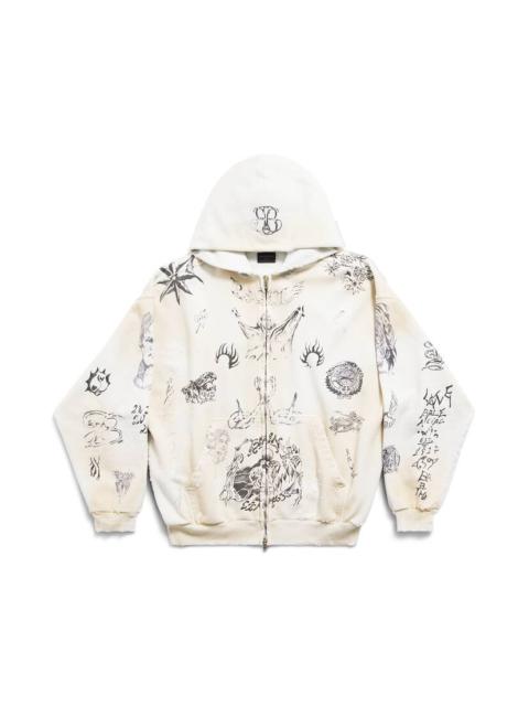 BALENCIAGA Men's Tat Zip-up Hoodie Medium Fit in Off White/black