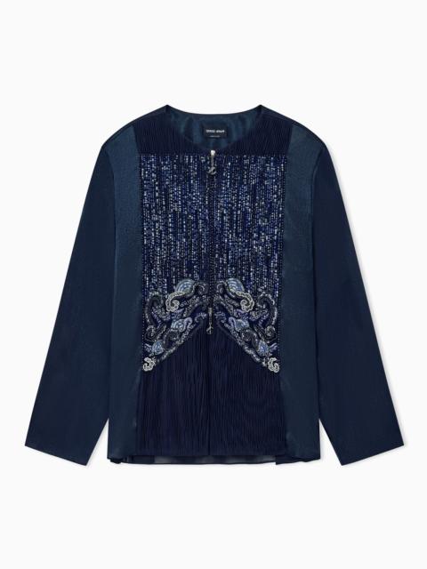 GIORGIO ARMANI SILK BLOUSE WITH EMBROIDERED PLASTRON AND SHEER SLEEVES