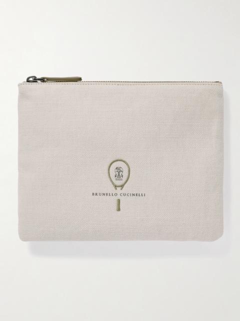 Brunello Cucinelli Embroidered Leather-trimmed Cotton And Linen-blend Tweed Pouch