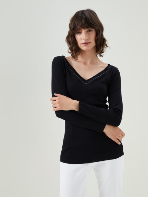 Stretch cotton ribbed jersey T-shirt with shiny collar