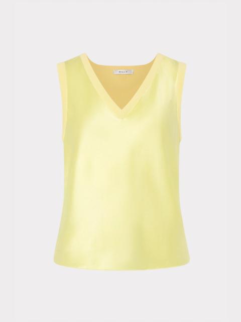 MILLY Satin Knit Combination V-Neck Shell Top
