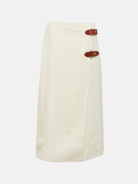 Leather-trimmed linen-blend midi skirt