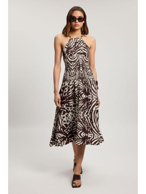 KAREN MILLEN Shirred Animal Print V Neck Trim Detail Woven Midi Dress