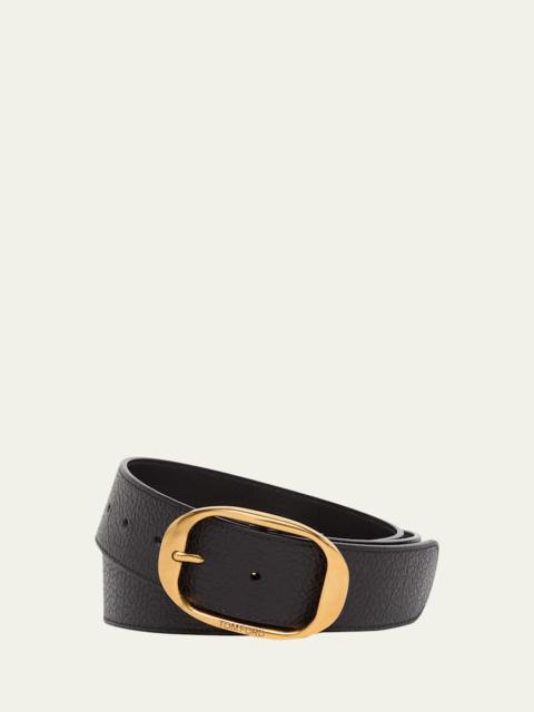 TOM FORD Men's Grained Leather Oval-Buckle Belt
