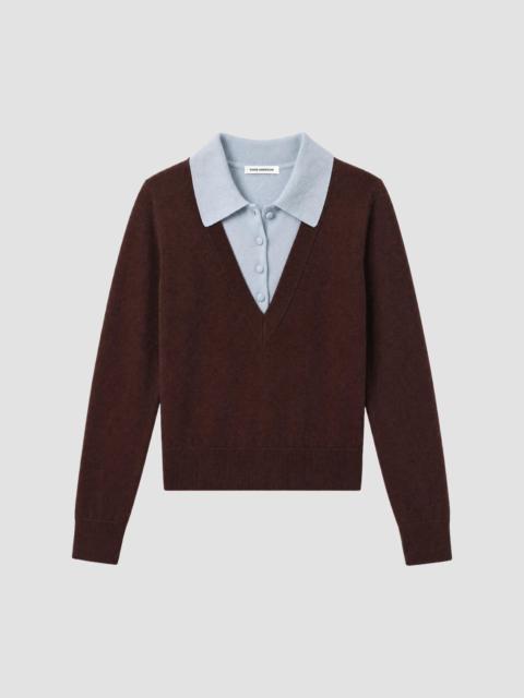 GOOD AMERICAN Women's Merino Wool Layered Polo Sweater - Mocha With Sky