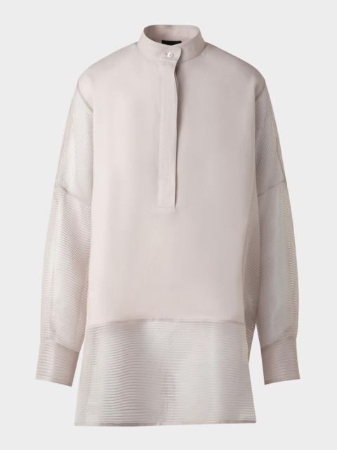 AKRIS Mixed-Media Linen Toile Striped Organza Tunic Blouse
