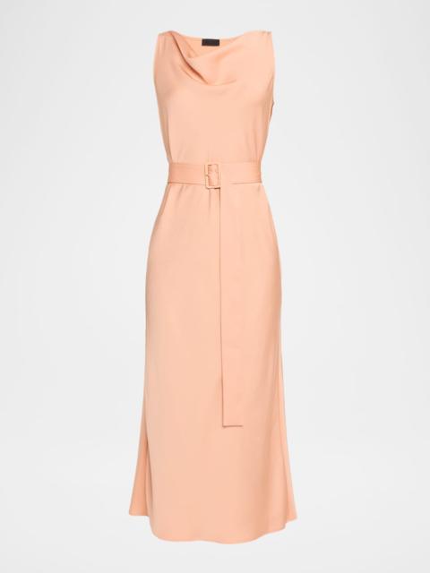 LAPOINTE Lightweight Satin Cowl-Neck Belted Midi Dress