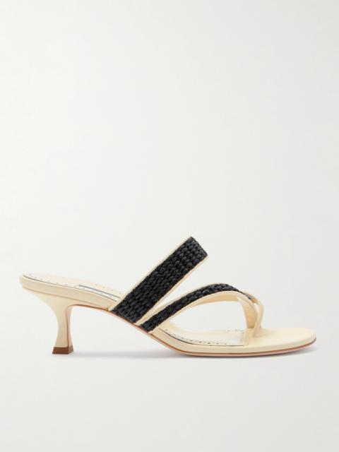 Manolo Blahnik Susa 50 Raffia-trimmed Leather Mules