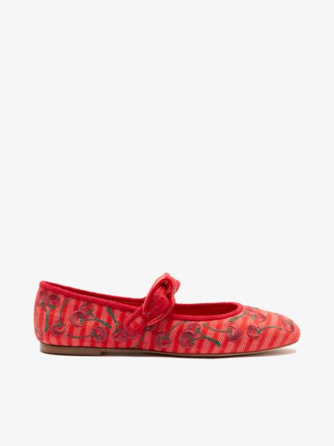 Larroudé Verona Ballet Flat In Raspberry Striped Fabric and Cherry Embroidery