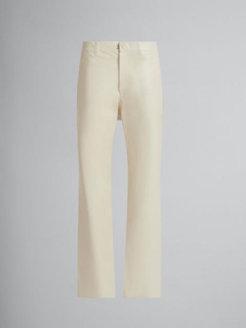 WHITE WOOL AND COATED FABRIC FIVE-POCKET TROUSERS