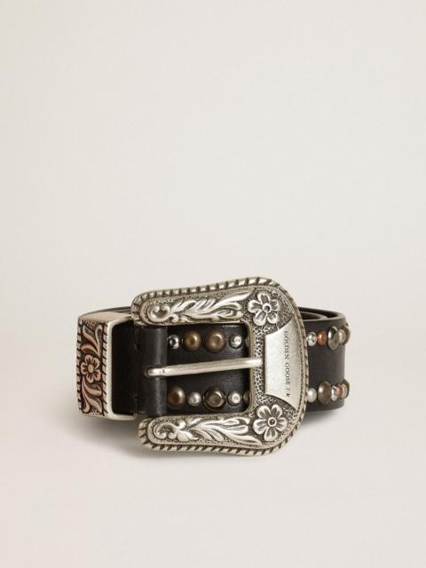 Women's belt in black leather with studs