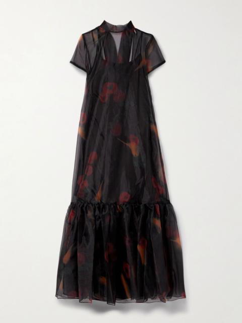 STAUD Calluna tie-neck tiered printed organza maxi dress Black