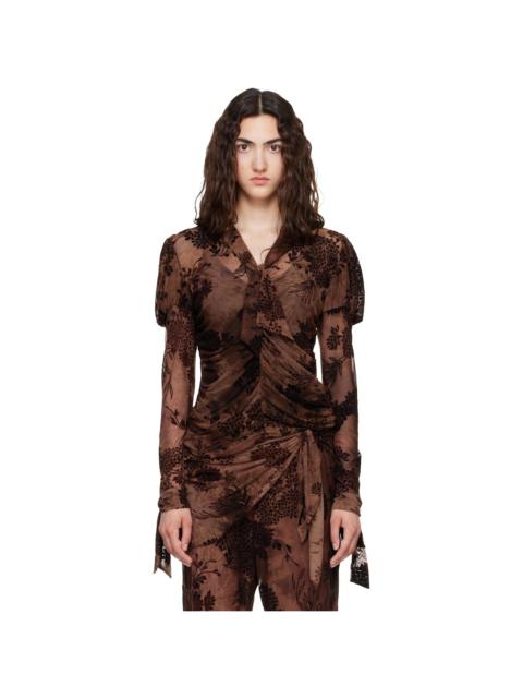ANNA SUI Brown Dahlia Tulle Knit Long Sleeve Blouse