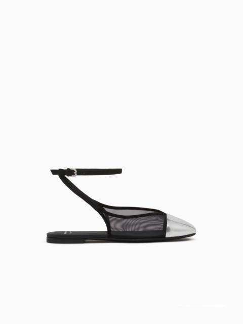 EMPORIO ARMANI MESH AND SUEDE FLAT SANDALS WITH A MIRRORED CAP TOE